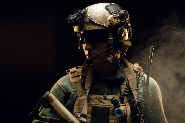 Photo special forces soldier with rifle on black background