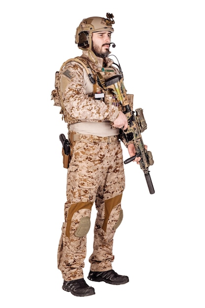 Special forces soldier with rifle on white background army military and people concept