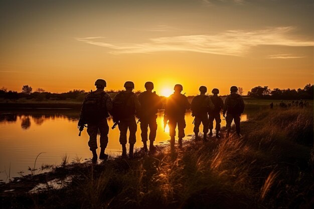 夕暮れの戦場での特殊部隊の兵士チーム