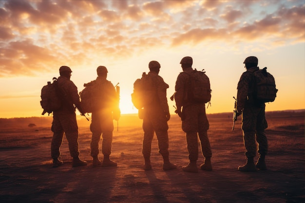 Special forces soldiers team on battle field at sunset