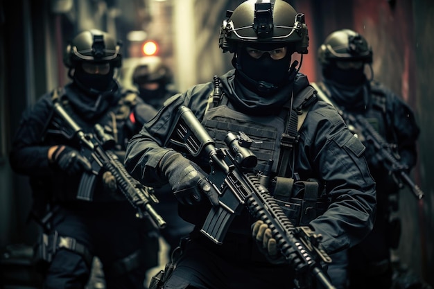 special forces squad equipped with tactical gear and M4 rifles