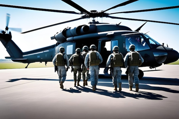 Photo special forces team disembarking from a military helicopter ready for action
