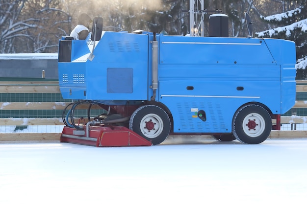 Special machine for cleaning ice on an ice rink at work. Transport industry
