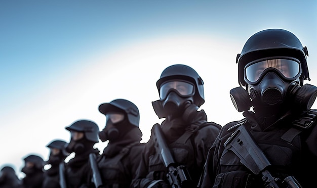 Special police unit SWAT team officer standing in a row Masked Team of Armed SWAT Police Officers