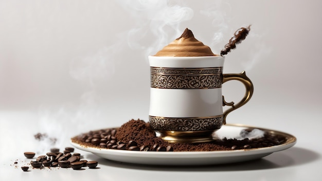 Photo a special turkish coffee or tea with smoke and white background