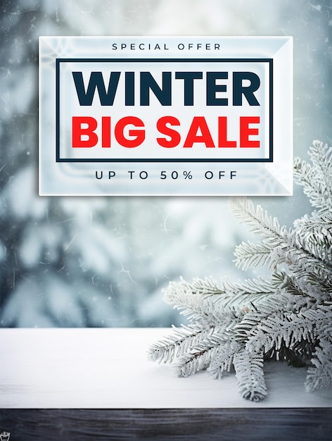 Foto speciale aanbieding winter big sale poster sjabloon met winter display fir takken op snowy table