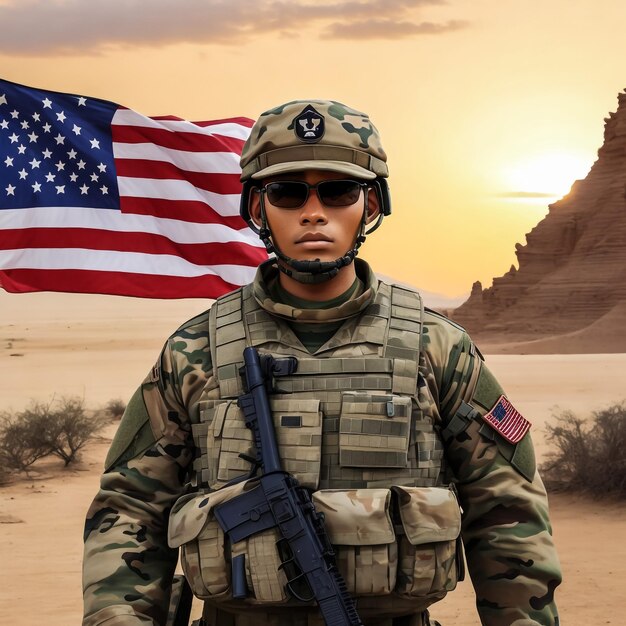 Speciale troepen Amerikaanse soldaat of particuliere militaire aannemer Amerikaanse vlag