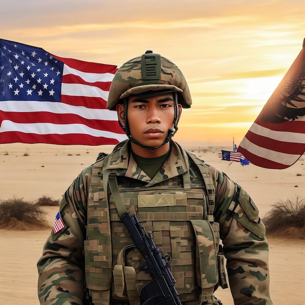 Speciale troepen Amerikaanse soldaat of particuliere militaire aannemer Amerikaanse vlag