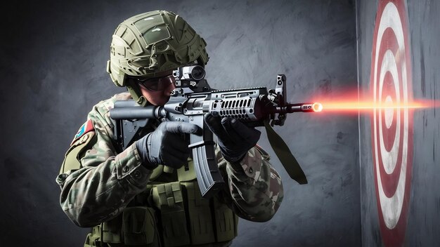 Speciale troepen soldaat met een aanvalsgeweer met een laser zicht en richt op het doel