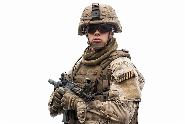 Speciale troepen soldaat met geweer op witte achtergrond leger militaire en mensen concept