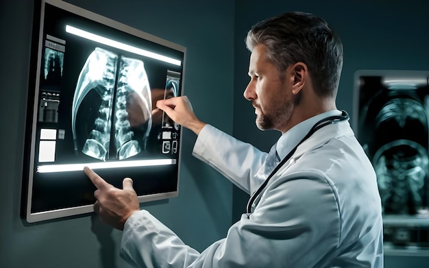 Специалист осматривает рентгеновские снимки пациентов и дает инструкции