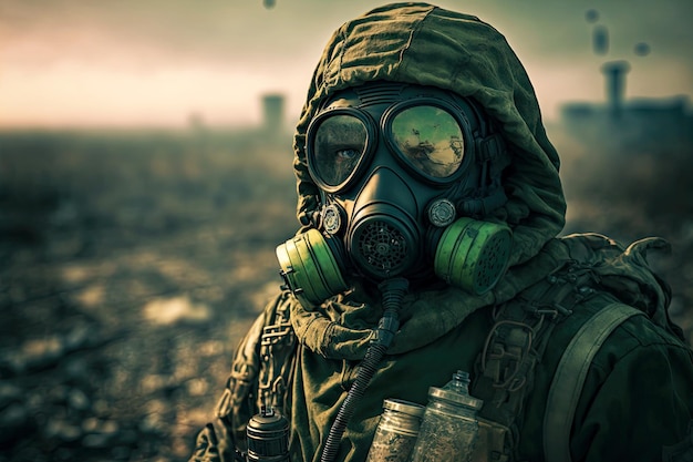 Specialist in gas mask monitors radiation hazard in production