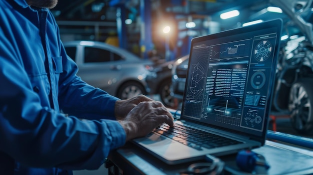 Specialist inspects the vehicle to find broken components and errors in the data logs running an interactive diagnostic program on a computer