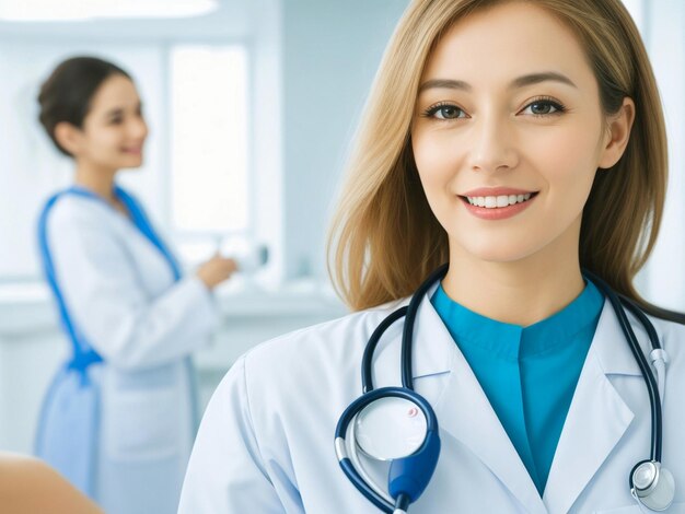 Photo specialist patient in hospital ward and smiling beautiful female doctor checking him with