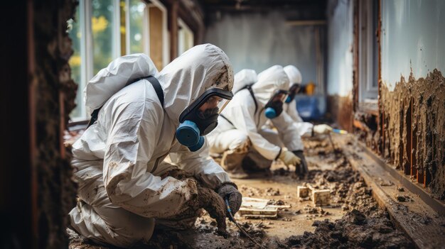 a specialist in a protective suit from a cleaning company cleans a destroyed housing after natural d