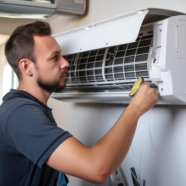 Photo a specialist repairing split air conditioner