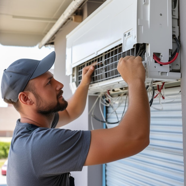 Photo a specialist repairing split air conditioner