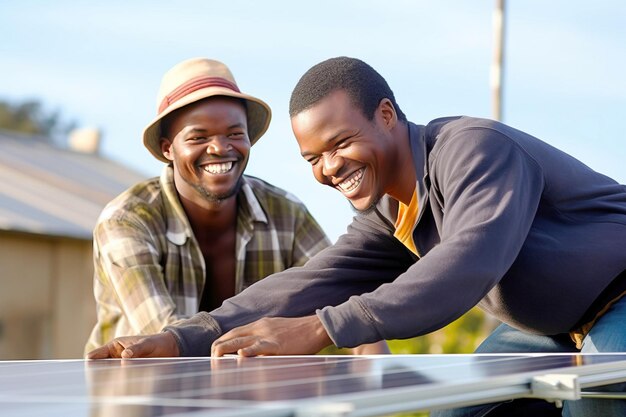 Specialist workers install solar panels modern technologies in a private house Renewable energy AI