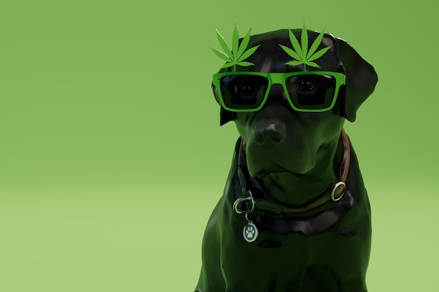 마약을 찾는 특수 훈련된 개. 마리화나가 나오는 안경을 쓴 검은 래브라도.