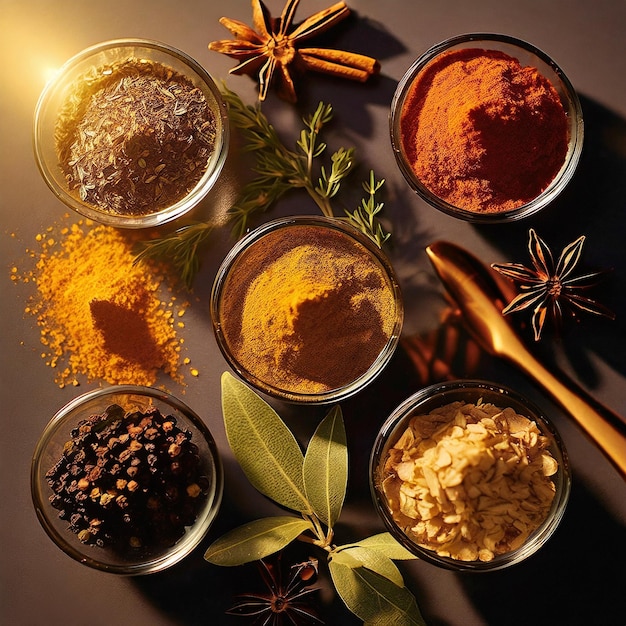 Photo specialty spices in the style of a flatlay product shot layout