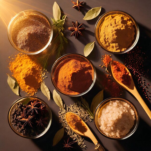 Photo specialty spices in the style of a flatlay product shot layout