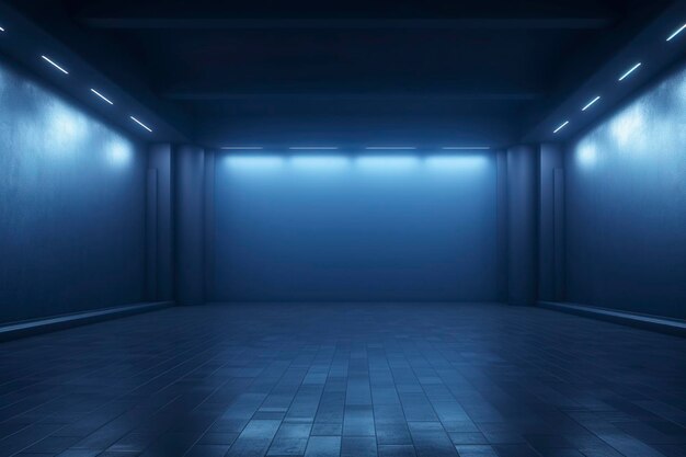 モダンな照明を備えた広々としたダークブルーの壁の部屋