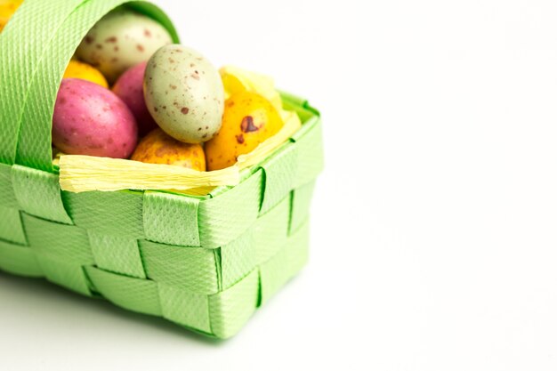 Speckled easter eggs in a basket