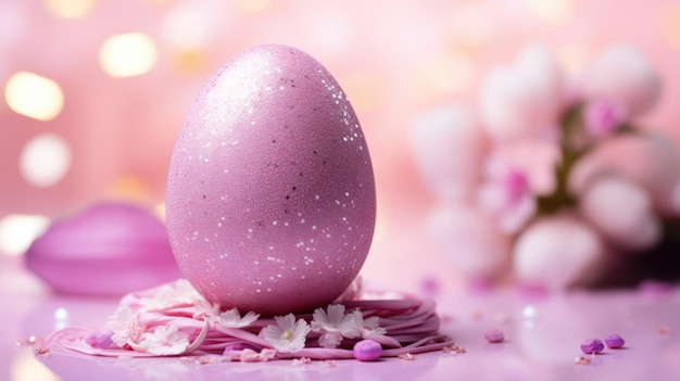 A speckled pink Easter egg surrounded by delicate spring flowers and soft light