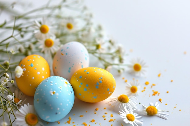 Speckled vibrant colored eggs amidst a scattering of daisies and flowers on a blue surface hinting at Easters renewal and the bloom of spring