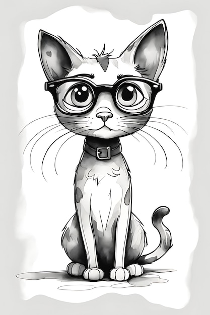 Фото Раскраска очковая кошка. веселая раскраска. эскиз раскраски черно-белый.