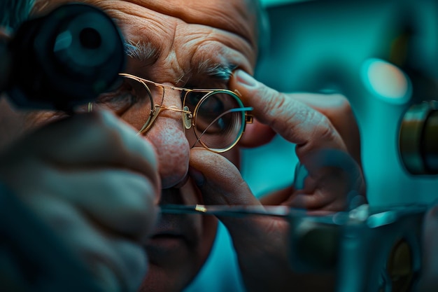 A spectacles repairman fixing a pair of eyeglasses showcasing eyeglass repair skills