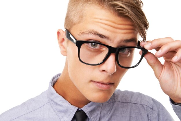 眼鏡 眼鏡や眼鏡をかけた若い男性の健康と白い背景で隔離された眼鏡や眼鏡をかけた若い男性の健康