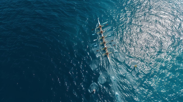 Photo spectacul aerial drone capture synchronous sport canoe rowing team competing in the deep blue sea