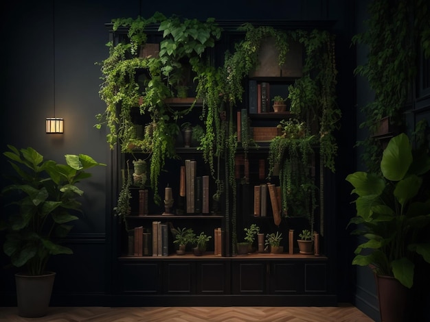 Spectaculair beeld van het interieur van een middeleeuws fantasiehuis vol met plantenmeubilair en bibliotheek