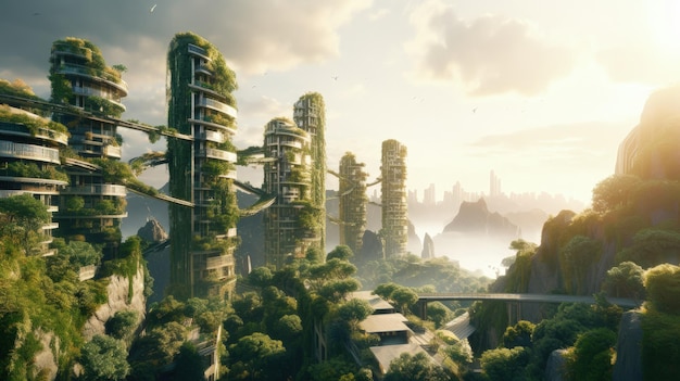 Spectaculair ecofuturistisch stadsbeeld met weelderig groen