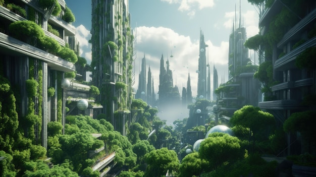 Spectaculair ecofuturistisch stadsbeeld met weelderig groen