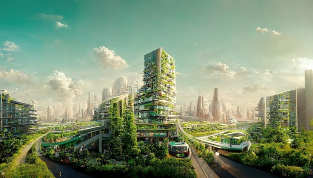 Foto spectaculair ecofuturistisch stadsgezicht vol met groene wolkenkrabbers, parken en andere door de mens veroorzaakte groene ruimten in stedelijk gebied groene tuin in de moderne stad digitale kunst 3d illustratie