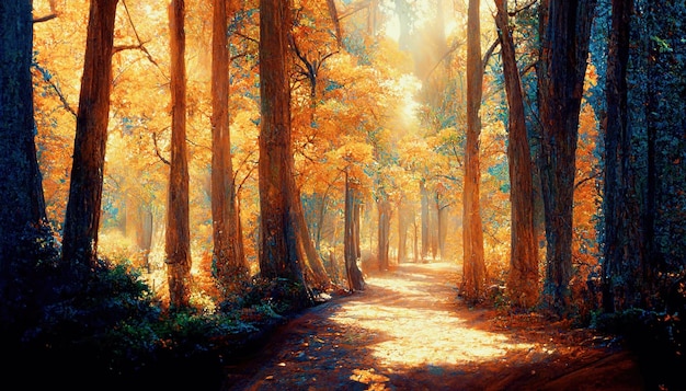 Spectaculair herfstbos met gouden zonlicht Digitale kunst 3D illustratie