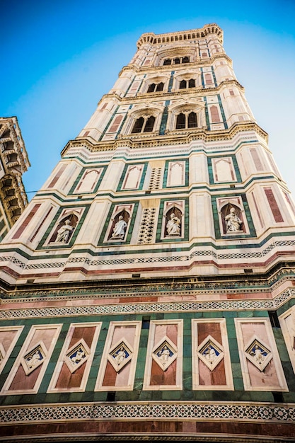 Spectaculair uitzicht op de witmarmeren muren en gevel van de Duomo de Santa Maria del Fiore in Florence