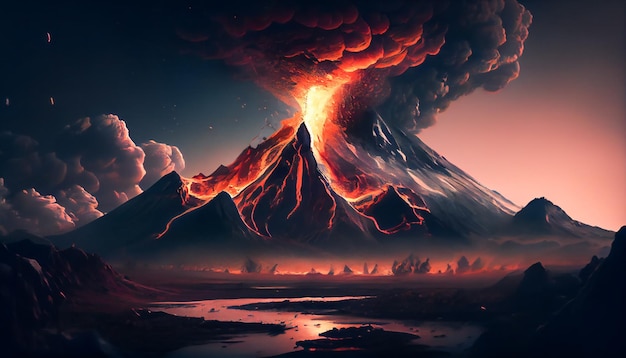 Spectaculair uitzicht op een actieve vulkaan die hete lava blaast die over een vulkaan stroomt Generatieve AI