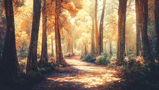 Spectaculair warm en helder herfstlandschap in het dichte bos Bladeren met een gele kleur vallen uit de bomen op de weg Digitale kunst 3D illustratie