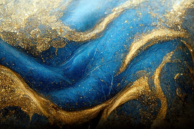 Spectaculaire donkerblauwe en gouden inkt wervelde rond Digitale kunst 3D-illustratie