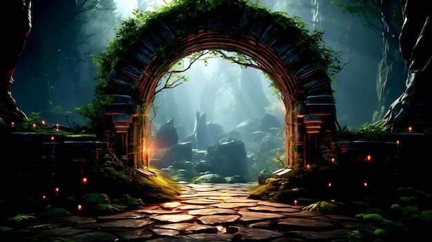 Spectaculaire fantasiescène met een portaalboog bedekt met klimplanten. In de fantasiewereld toont de oude magische stenen poort een andere dimensie Digitale kunst 3D illustratie
