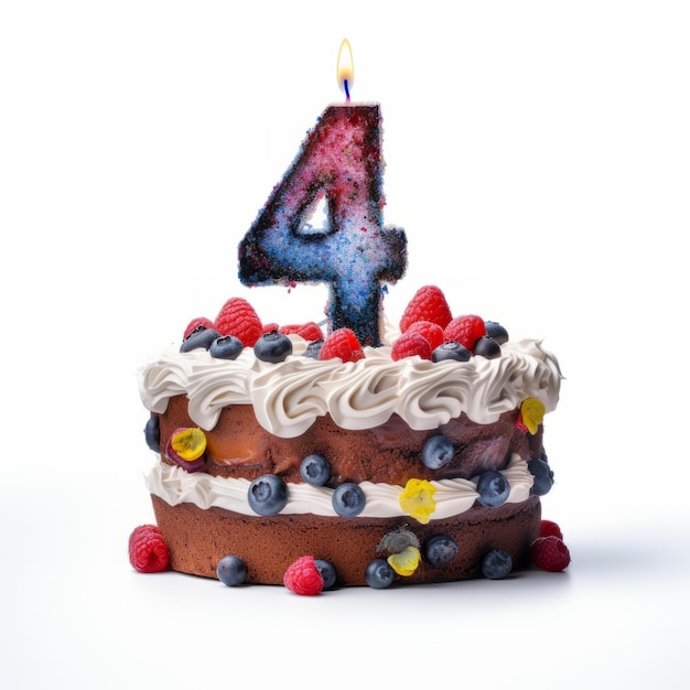 Spectaculaire fruit frosting cake met cijfers 4 op witte achtergrond