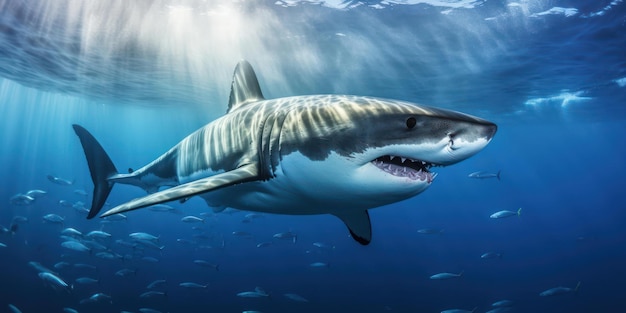 Spectaculaire grote witte haai in de azuurblauwe zee