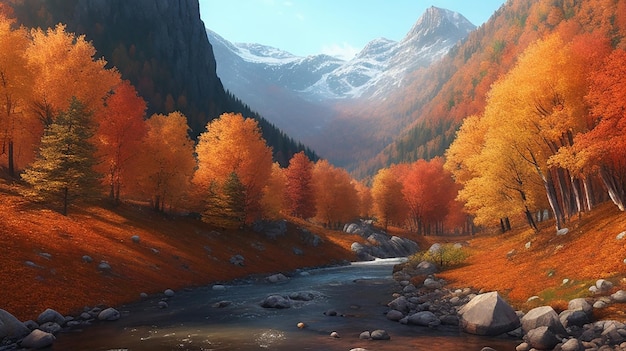 Spectaculaire herfst bos berg en beek scène digitale kunst 3D illustratie
