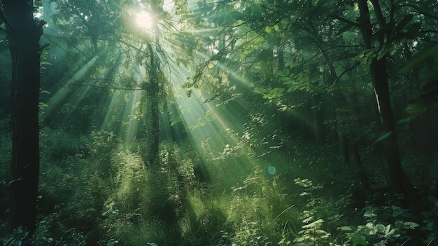 Spectaculaire ochtend zonlicht stralen in het bos Groen bos tijdens een prachtige warme zomerdag