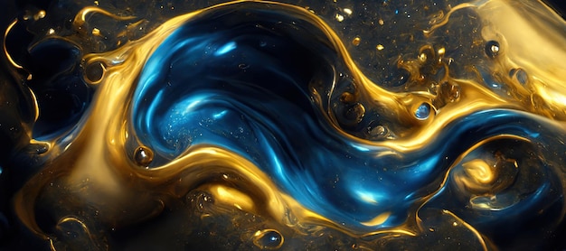 Spectaculaire scène van blauwe en gouden inkt die zich beweegt digitale kunst 3d-illustratie