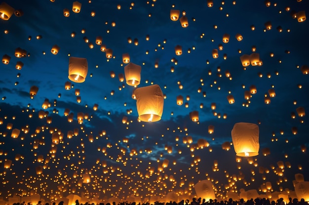 Spectaculaire vertoning van drijvende lantaarns die de lucht verlichten Een menigte papieren lantaarns vrijgelaten in de nachtelijke hemel ter nagedachtenis op Memorial Day AI gegenereerd