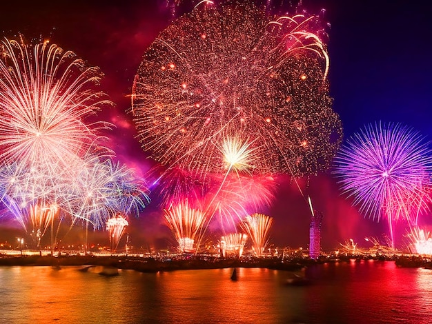 Spectaculaire vuurwerkshow verlicht de hemel Nieuwjaarsviering Achtergrondbeeld gedownload